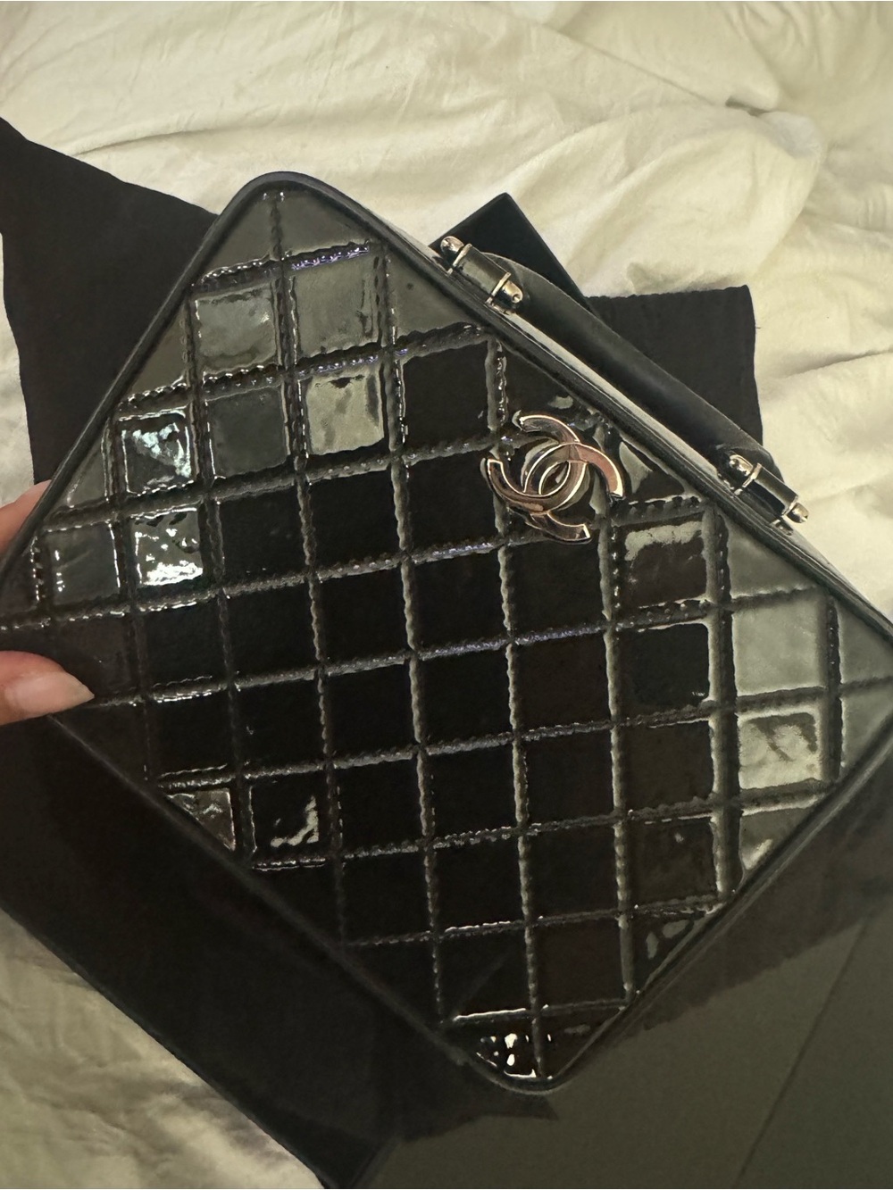 CHANEL Black Quilted Patent Top Handle Vanity Bag with red strap